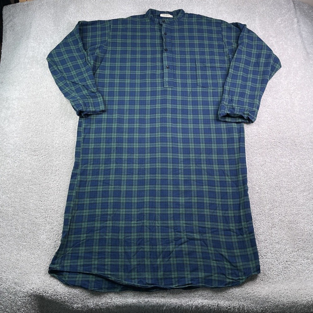 Magee Nightshirt Mens Large Green Blue Plaid Flannel Irish Grandfather Sleepwear